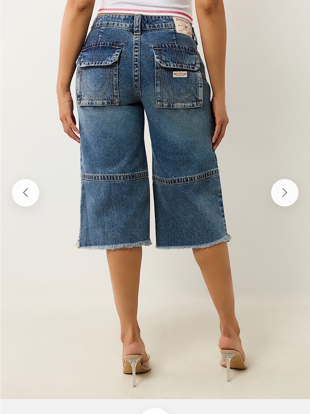 True Religion Women's Distressed Blue Cargo Jean Shorts - Picture 3 of 6